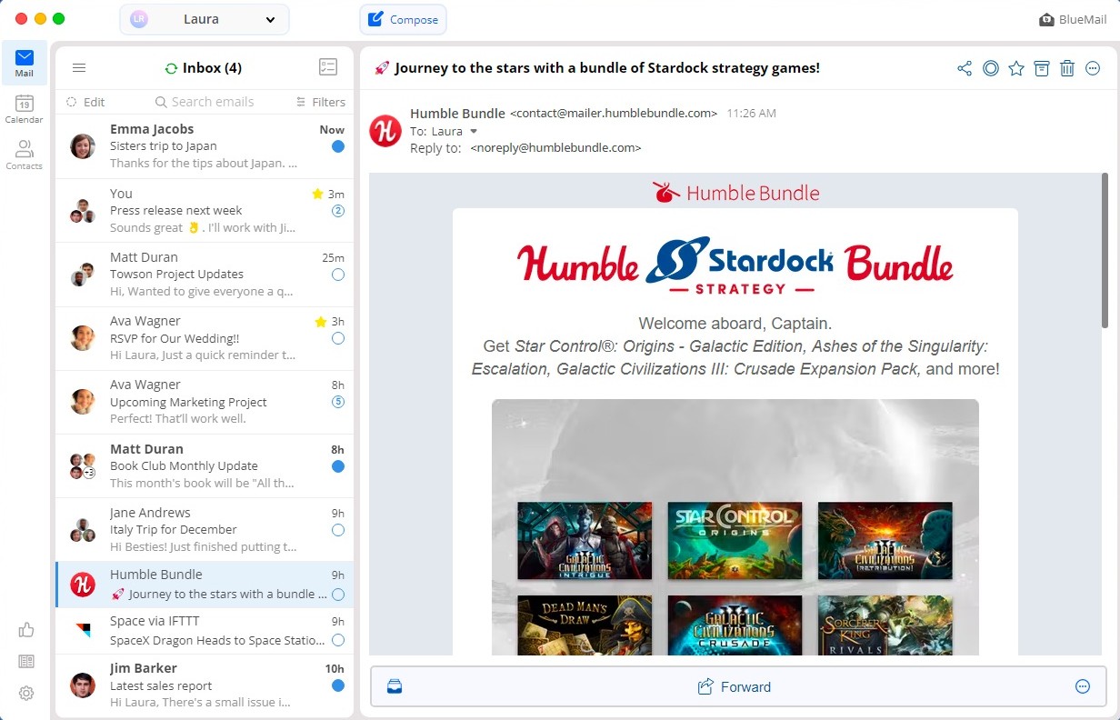 BlueMail for Mac showing the unified inbox and an open message